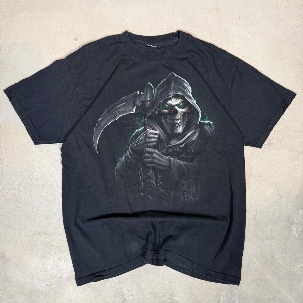 Mens Grim Reaper Graphic T-Shirt Black Scythe Skull Gothic Tee L y2k grunge